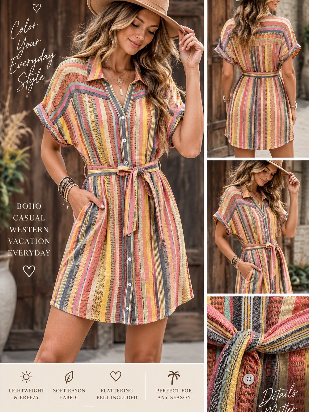 Striped Button-Front Midi Shirt Dress in Multicolor